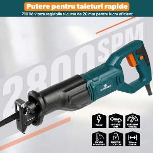 Fierastrau Sabie STARKEN®, Model SFX-671, Motor 710 W din Cupru, Turatie Variabila 0-2800 SPM, Cursa 20 mm, Adancime Taiere Lemn 115 mm, Taiere Otel 5 mm, Picior Pivotant, Functie Lock-On, Schimbare Lama Fara Scule, Maner Soft Grip - Img 2