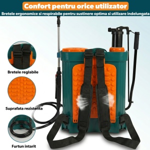 Pompa de Stropit 20L, STARKEN® SPR-820, cu Acumulator 12V 8Ah, Presiune Reglabila, Lance Telescopica cu Conectori Cupru, Filtru, 5 Duze Incluse, Debit 3.6L/min, Bretele Transport, Ideala pentru Gradina si Agricultura - Img 2