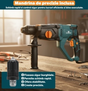 Resigilat - Ciocan Rotopercutor 1050W, STARKEN® RXT-610, 3J, SDS Plus, 4 Functii (Gaurire, Percutie, Daltuire Rotativa si Daltuire), 1150 RPM, Viteza Variabila, Mandrina Interschimbabila, Valiza Transport, Maner, Spit si Burghie Incluse - Img 3