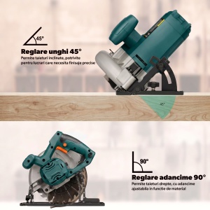 Fierastrau Circular STARKEN®, Model SAW-685, Motor 1400 W din Cupru, Disc 185 mm, Turatie 5800 RPM, Adancime Taiere 62 mm la 90° si 42 mm la 45°, Taiere la Unghi 45°, Ghidaj Paralel, Extragere Praf, Maner Soft Grip, Intrerupator cu Blocare - Img 5