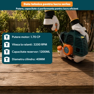Motocoasa pe Benzina 1.7 CP, STARKEN®, TMT-643, pentru Tuns Iarba/ Gazon, 42.7 CC, 6500 RPM, Motor 2 Timpi, Diametru Cilindru 40 mm, Lama 255 mm, Rezervor 1200 ml, Tija Aluminiu 28 mm, Disc 3 Dinti, Cap Fir Nylon, Ham Umar Inclus - Img 7