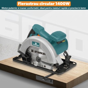 Fierastrau Circular STARKEN®, Model SAW-685, Motor 1400 W din Cupru, Disc 185 mm, Turatie 5800 RPM, Adancime Taiere 62 mm la 90° si 42 mm la 45°, Taiere la Unghi 45°, Ghidaj Paralel, Extragere Praf, Maner Soft Grip, Intrerupator cu Blocare - Img 2
