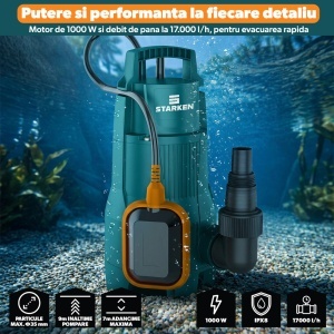 Pompa Submersibila pentru Apa Curata si Murdara STARKEN®, Model FLW-410, Putere 1000 W, Debit Maxim 17000 L/h, Inaltime Maxima de Pompare 9 m, Adancime Maxima de Scufundare 7 m, Particule 35 mm, IPX8, Cablu 10 m, Drenaj, Subsoluri, Rezervoare si Gradina - Img 2