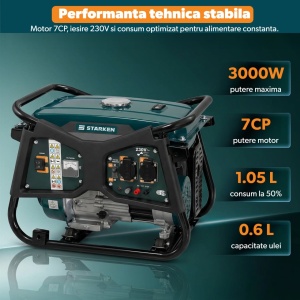 Resigilat - Generator Curent 3000W Max, STARKEN® PWR-430, Benzina, 2600W Nominal, Motor 212cc 7CP, 4 Timpi OHV, AVR, Monofazat, 2 Prize 230V 16A + Priza 12V, Rezervor 15L, Autonomie 14h, Voltmetru, Oprire Automata Ulei - Img 2