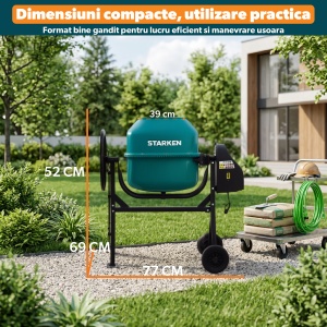 Betoniera semi-profesionala 200L, STARKEN® MIX-620, Motor 1000W cu Bobinaj Cupru, 29.5 RPM, Alimentare 230V, Coroana din Fonta, Transmisie pe Curea, Roti Cauciuc, Cadru Metalic, Deschidere Cuva 390 mm, Verde - Img 3