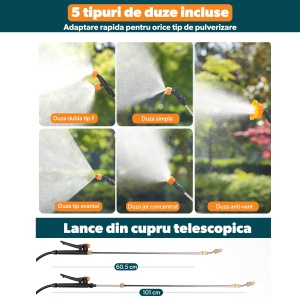 Pompa de Stropit 20L, STARKEN® SPR-820, cu Acumulator 12V 8Ah, Presiune Reglabila, Lance Telescopica cu Conectori Cupru, Filtru, 5 Duze Incluse, Debit 3.6L/min, Bretele Transport, Ideala pentru Gradina si Agricultura - Img 3
