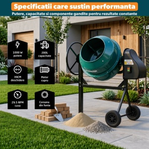 Resigilat - Betoniera semi-profesionala 200L, STARKEN® MIX-620, Motor 1000W cu Bobinaj Cupru, 29.5 RPM, Alimentare 230V, Coroana din Fonta, Transmisie pe Curea, Roti Cauciuc, Cadru Metalic, Deschidere Cuva 390 mm, Verde - Img 2