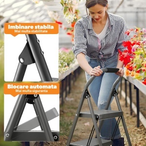 Scara Pliabila STARKEN®, Model STP-413, 3 Trepte, Sarcina Maxima 150 kg, Structura din Otel, Maner din Spuma, Trepte Late 26,5 x 17 cm, Design Stabil si Rezistent, Potrivita pentru Casa, Birou, Depozit - Img 6
