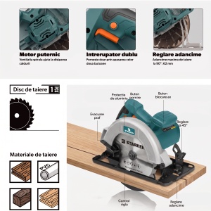 Fierastrau Circular STARKEN®, Model SAW-685, Motor 1400 W din Cupru, Disc 185 mm, Turatie 5800 RPM, Adancime Taiere 62 mm la 90° si 42 mm la 45°, Taiere la Unghi 45°, Ghidaj Paralel, Extragere Praf, Maner Soft Grip, Intrerupator cu Blocare - Img 6