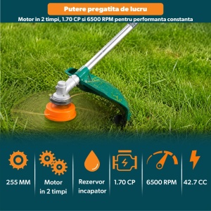 Resigilat - Motocoasa pe Benzina 1.7 CP, STARKEN®, TMT-643, pentru Tuns Iarba/ Gazon, 42.7 CC, 6500 RPM, Motor 2 Timpi, Diametru Cilindru 40 mm, Lama 255 mm, Rezervor 1200 ml, Tija Aluminiu 28 mm, Disc 3 Dinti, Cap Fir Nylon, Ham Umar Inclus - Img 3
