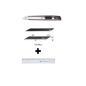 Set Cutter / cutit utilitar metalic mic NT Cutter - 9mm + 10 lame de schimb + rigla 30 cm - Img 1