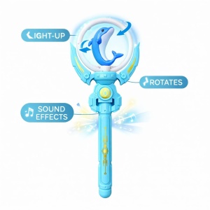 Bagheta magica interactiva pentru copii cu lumini si sunete, rotire, model delfin, albastru, 36 cm - Img 2