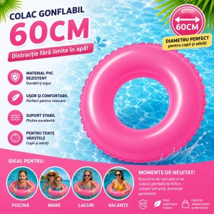 Colac Gonflabil Roz 60 cm pentru Copii și Adulți – Colac de Înot PVC pentru Piscină, Mare și Vacanțe - Img 2