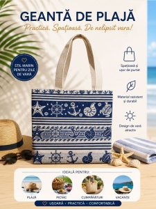 Geantă de Plajă Marină Albastră – Tote Spațioasă cu Design Nautic și Stil de Vară - Img 2