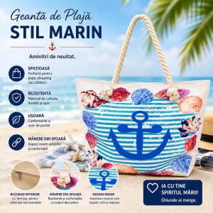 Geantă Mare de Plajă, Model Marin cu Ancoră și Scoici – Geantă de Umăr Spațioasă - Img 2