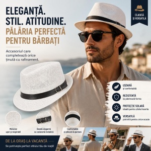 Pălărie Albă pentru Bărbați cu Bandă Neagră și Cataramă – Elegantă și Versatilă - Img 2