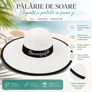 Palarie de vara dama alba cu banda neagra si protectie UV pentru plaja - Img 2