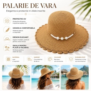 Palarie de Vara Eleganta pentru Femei, Bej cu Perlute Decorative si Bor Decupat - Img 2