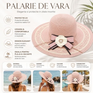 Palarie de Vara Roz pentru Femei, cu Bor Lat, Floare Eleganta si Protectie UV - Img 2