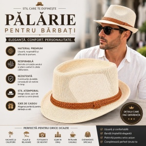 Pălărie Panama Crem pentru Bărbați cu Bandă Împletită Maro – Elegantă și Respirabilă - Img 2