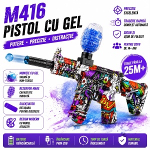 Pușcă Electrică de Jucărie M416 cu Bile Gel, Reîncărcabilă USB, Rezervor Mare, Model Camuflaj