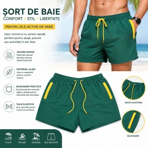 Set 12 Sorturi de Baie Bărbați Verde Închis cu Detalii Galbene – Mărimi Asortate Incluse - Img 2
