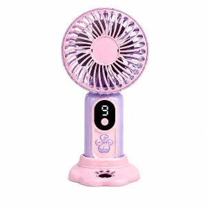 Ventilator portabil cu design labuta animalut, 9 viteze, display digital, suport inclus, mov cu roz