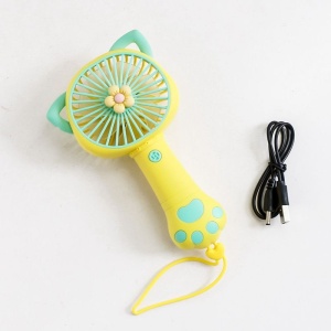 Ventilator portabil pentru copii, reincarcabil USB, 3 trepte viteza, design pisica, galben verde - Img 2
