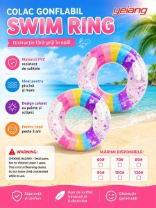 Colac gonflabil curcubeu pentru copii, 90 cm, cu manere, ideal piscina si mare - Img 3