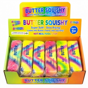 Jucarie antistres Butter Squishy 13cm, model pachet de unt rainbow marble, slow rising