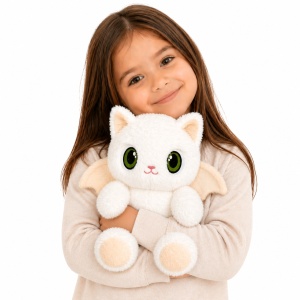 Jucărie de pluș pisică albă cu aripi de liliac, 20 cm – pluș moale, kawaii, cadou copii - Img 2