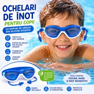 Ochelari de Inot Reglabili pentru Copii cu Dopuri din Silicon, Anti-Aburire, Albastru - Img 2
