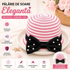 Palarie de soare eleganta pentru fetite, model roz-alb cu funda si perlute - Img 2