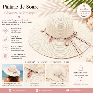 Palarie de Soare pentru Femei, Crem, cu Frunze si Fundita, Boruri Largi, Design Elegant de Vara - Img 2