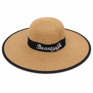 Palarie de vara dama bej cu banda neagra si protectie UV pentru plaja