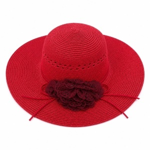 Palarie de Vara Eleganta pentru Femei, Rosie, cu Bor Lat si Detalii Florale