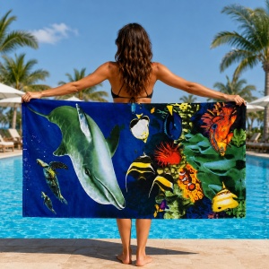 Prosop de plaja cu delfin si pesti tropicali Ocean, 70x140 cm - Img 2