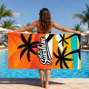 Prosop de plaja Hello Sunshine cu palmieri tropicali, 70x140 cm - Img 2