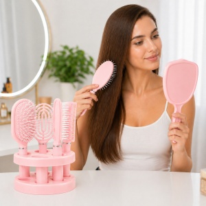 Set de 4 Perii de Păr și Oglindă cu Suport, Roz – Kit Complet pentru Îngrijire și Styling - Img 3