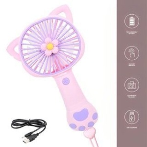 Ventilator portabil pentru copii, reincarcabil USB, 3 trepte viteza, design pisica, roz - Img 2