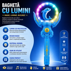 Baghetă magică cu lumini LED, delfin albastru 36 cm – jucărie copii cu efecte luminoase și sunete - Img 3