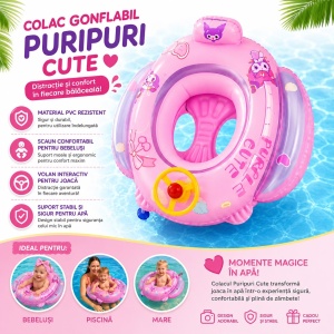 Colac Gonflabil pentru Bebeluși Puripuri Cute cu Volan și Scaun Integrat – Colac de Înot Roz - Img 2