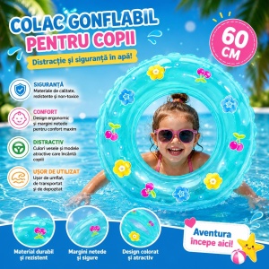 Colac Gonflabil pentru Copii 60 cm cu Model Floral și Cireșe – Colac de Înot PVC pentru Piscină și Mare - Img 2