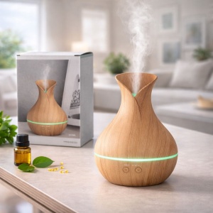Difuzor aromaterapie ultrasonic 200 ml cu iluminare LED și efect de lemn, crem - Img 3