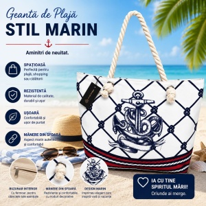 Geantă Mare de Plajă Stil Marin cu Ancoră – Geantă de Umăr cu Mânere din Sfoară - Img 2
