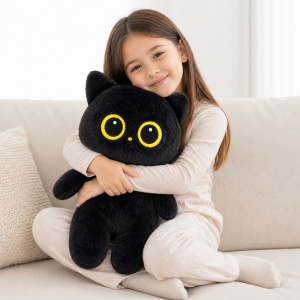 Jucărie de pluș pisică neagră 80 cm – pluș moale, ochi mari galbeni, design adorabil - Img 2