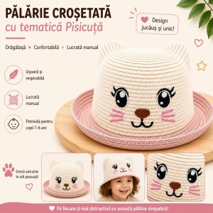 Palarie copii cu pisicuta roz, crosetata manual, bumbac, crem-roz - Img 2