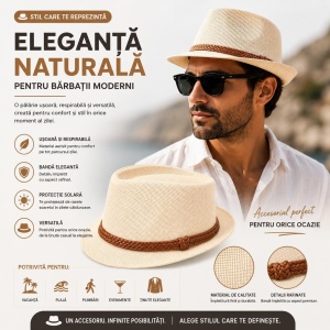 Pălărie Crem pentru Bărbați cu Bandă Împletită Maro – Elegantă și Respirabilă - Img 2