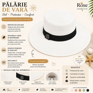 Pălărie Damă Albă de Vară cu Bor Lat, Bandă Neagră și Detaliu Metalic Elegant - Img 2