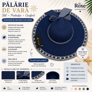 Pălărie Damă Albastru Bleumarin de Vară cu Bor Lat, Fundă Decorativă și Margine cu Model - Img 2